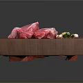 Fresh Raw Steak on Wooden Cutting Board with Garlic Cloves Lemon Slice and Herbs