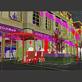 Scenic Pedestrian Street View With Colorful Flowers Neon Light Decorations And Building Exterior