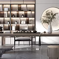 Modern Tea Room Interior Design With Shelves Tea Sets Circular Painting And Stone Decor