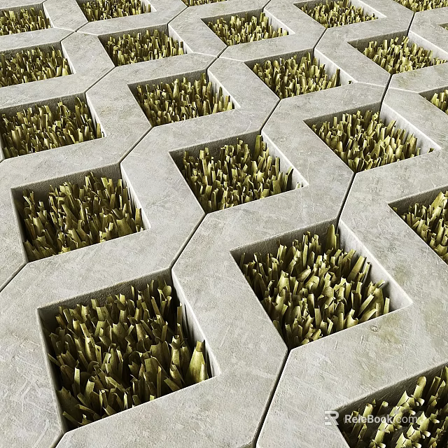 Hexagonal Concrete Grid Ground Surface With Lush Grass In Each Cell 3d model 