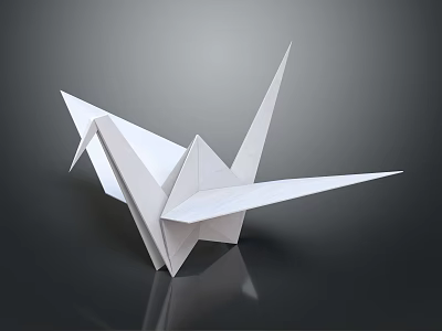 Minimalist White Paper Origami Crane Decorative Ornament For Tabletop Decoration On Dark Reflective Surface 3d model