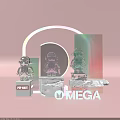 POP MART Colorful Robots Display With Rainbow Arc And Omega Text