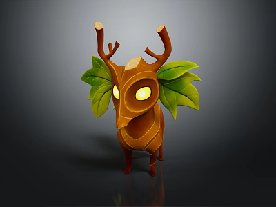 Cartoon Deer Character With Wooden Antlers Green Leaves And Glowing Eyes 3d model