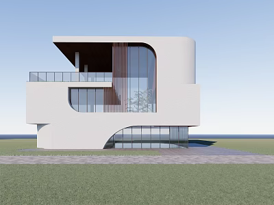 Modern Detached Villa Architecture With Large Glass Windows Balcony And Grassy Surroundings 3d model
