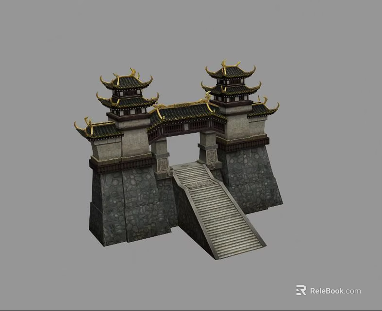 Traditional Chinese Ancient Architecture Gateway Featuring Stone Steps Multi Tiered Roofs Ornate Eaves And Stone Walls 3d model 