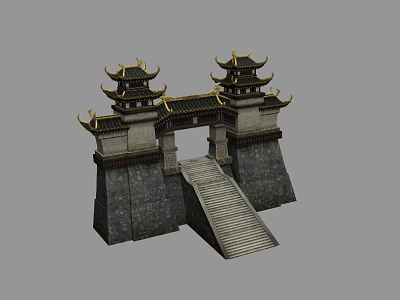 Traditional Chinese Ancient Architecture Gateway Featuring Stone Steps Multi Tiered Roofs Ornate Eaves And Stone Walls 3d model