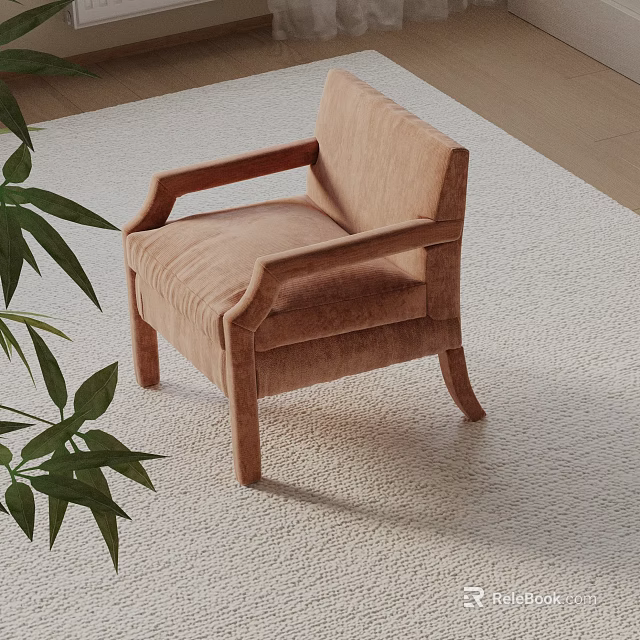 Beige Upholstered Accent Chair with Armrests Wooden Legs on Light Rug and Green Plant 3d model 
