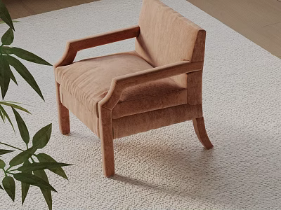 Beige Upholstered Accent Chair with Armrests Wooden Legs on Light Rug and Green Plant 3d model