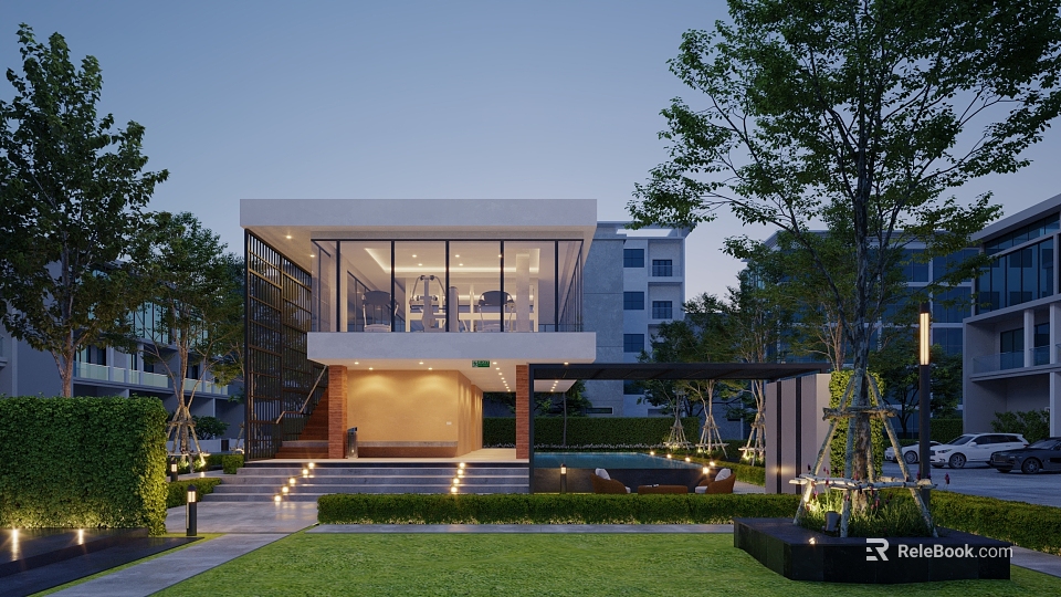 Modern Detached Villa Exterior With Glass Curtain Wall Lawn Pool Trees And Lighting 3d model 