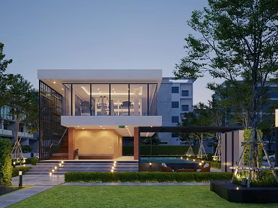 Modern Detached Villa Exterior With Glass Curtain Wall Lawn Pool Trees And Lighting 3d model