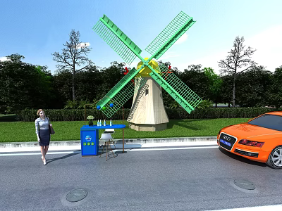 Green Windmill With Yellow Center By Roadside Recycling Bin Orange Sports Car And Trees 3d model
