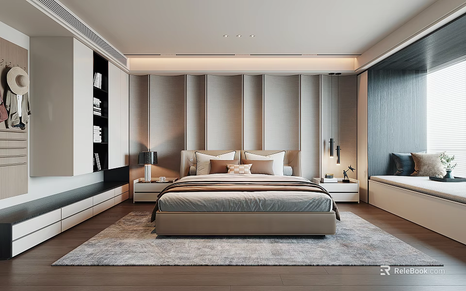Modern Minimalist Bedroom Interior Design With Paneled Headboard Wall Built in Wardrobe And Window Seat 3d model 