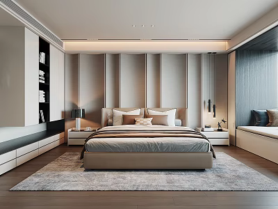 Modern Minimalist Bedroom Interior Design With Paneled Headboard Wall Built in Wardrobe And Window Seat 3d model