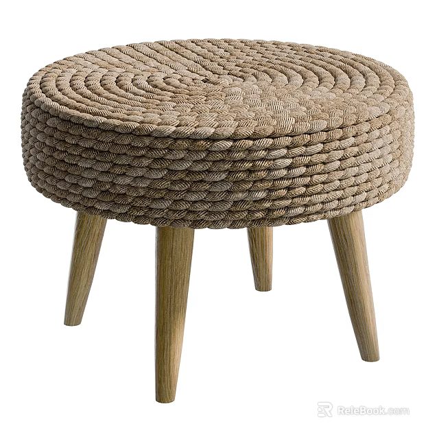 Natural Woven Rope Stool With Round Seat And Wooden Legs Design 3d model 