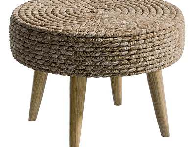 Natural Woven Rope Stool With Round Seat And Wooden Legs Design 3d model