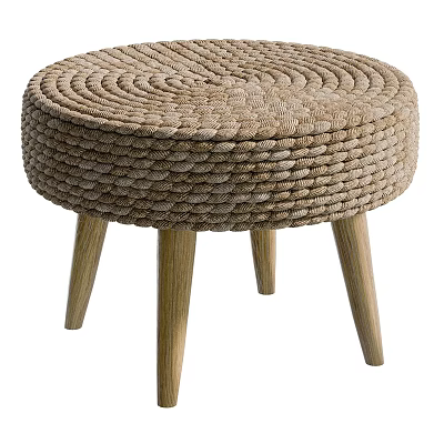 Natural Woven Rope Stool With Round Seat And Wooden Legs Design 3d model