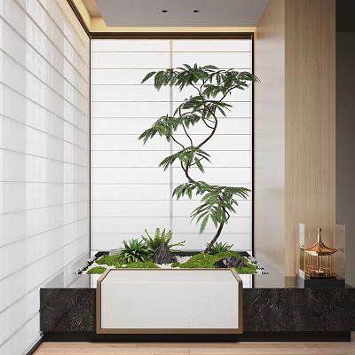 Indoor Landscape Design Featuring Tall Tree Surrounding Green Plants Stones And Golden Lighting Fixture 3d model