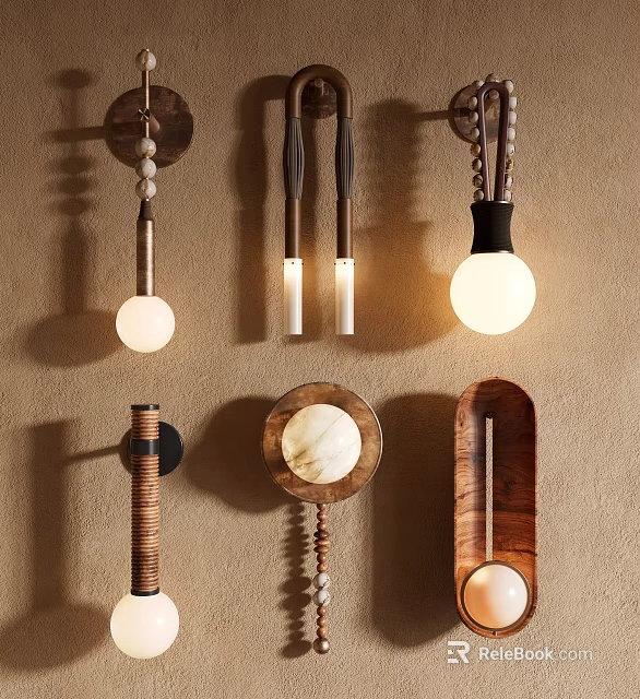 Stylish Wall Lamps With Diverse Designs Including Wooden Metal And Marble Elements 3d model 