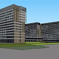 Modern High Rise Building Complex Exterior With Glass Facade And Front Lawn