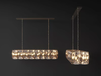 Modern Rectangular Crystal Chandeliers Suspended By Chains With Transparent Panels And Warm Lighting 3d model