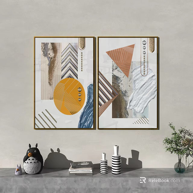 Two Modern Decorative Paintings With Geometric Patterns And Gold Frames In Interior Decor 3d model