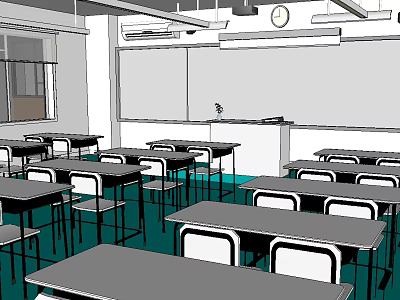 School Spacious Classroom Interior With Desks Chairs Whiteboard And Clock 3d model