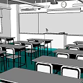 School Spacious Classroom Interior With Desks Chairs Whiteboard And Clock 3d model