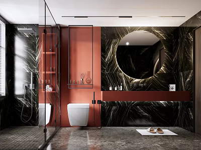 Modern Bathroom Interior Design With Red Wall Black Marble Round Mirror And Glass Shower 3d model