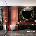 Modern Bathroom Interior Design With Red Wall Black Marble Round Mirror And Glass Shower