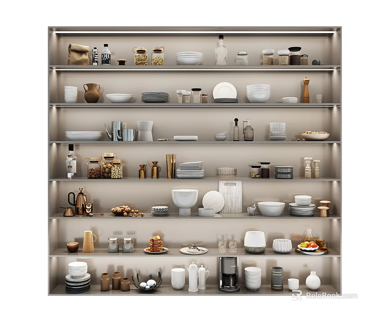 Organized Kitchenware Display On Multiple Shelves With Bowls Plates Cups Jars And Coffee Maker 3d model 