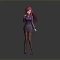 Game Movie Character with Red Cat Ears Long Red Hair Purple Dress and Black Stockings