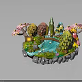 Circular Miniature Landscape Architecture With Small Bridge Blue Stream Colorful Trees And Stone Edges