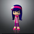 Cartoon Girl Character With Long Dark Blue Hair Pink Headband And Pink Dress
