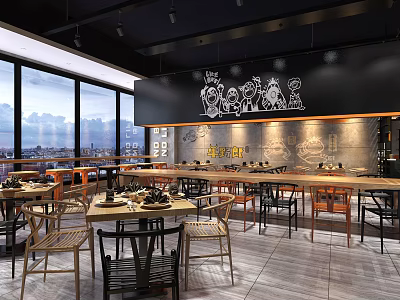 Modern Spacious Restaurant Interior With Large Windows City View Dining Tables And Chairs 3d model