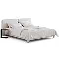 Minimalist Modern Bedroom Interior With White Bedding Upholstered Headboard And Wooden Nightstand