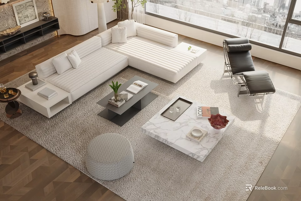 Elegant Modern Living Room With White L Shaped Sofa And Marble Top Coffee Table Set 3d model 
