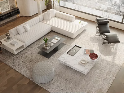 Elegant Modern Living Room With White L Shaped Sofa And Marble Top Coffee Table Set 3d model