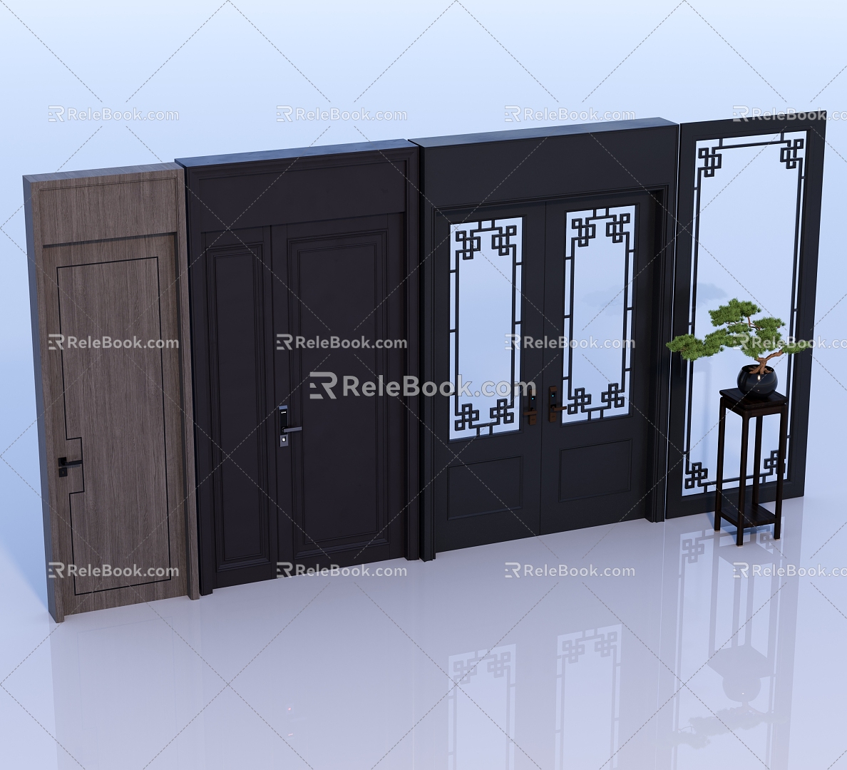 Chinese-style entrance door and interior door green plant combination model