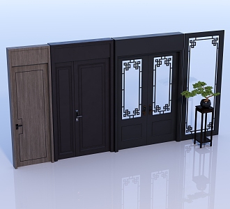 Chinese-style entrance door and interior door green plant combination 3d model