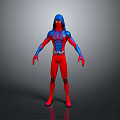3D Superhero Character Model In Red Blue Spider Suit With Web Pattern Standing Pose