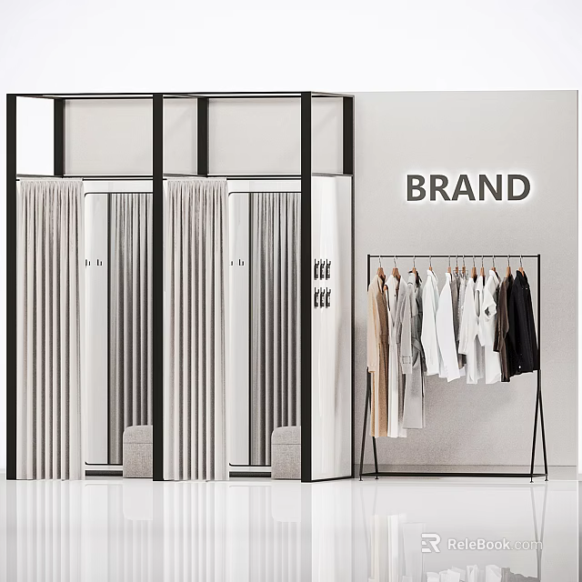 Modern Clothing Store With Fashion Clothes Hanging Rack Glass Door Wardrobe And Brand Sign 3d model 