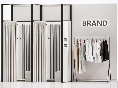 Modern Clothing Store With Fashion Clothes Hanging Rack Glass Door Wardrobe And Brand Sign 3d model