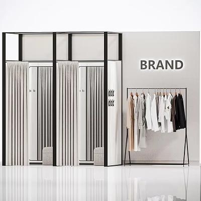 Modern Clothing Store With Fashion Clothes Hanging Rack Glass Door Wardrobe And Brand Sign 3d model