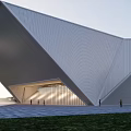 Modern Geometric Library Building With White Aluminum Facade Grass And Trees
