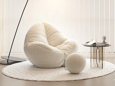 Comfy Cream Bean Bag Chair with Round Ottoman Side Table and Woven Rug 3d model