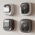 Four Wall Mounted Washing Machines With White And Black Different Designs And Transparent Lids