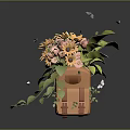 Orange Backpack Adorned With Sunflowers Pink Flowers And Green Leaves Surrounded By Flying Butterflies