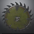 Spiked Circular Weapon With Green Surface Metal Spikes And Central Symbol