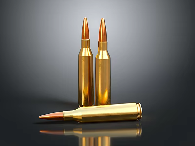 Weapon Ammunition Display With Three Golden Bullets Vertical And Lying Down On Dark Background 3d model