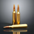 Weapon Ammunition Display With Three Golden Bullets Vertical And Lying Down On Dark Background